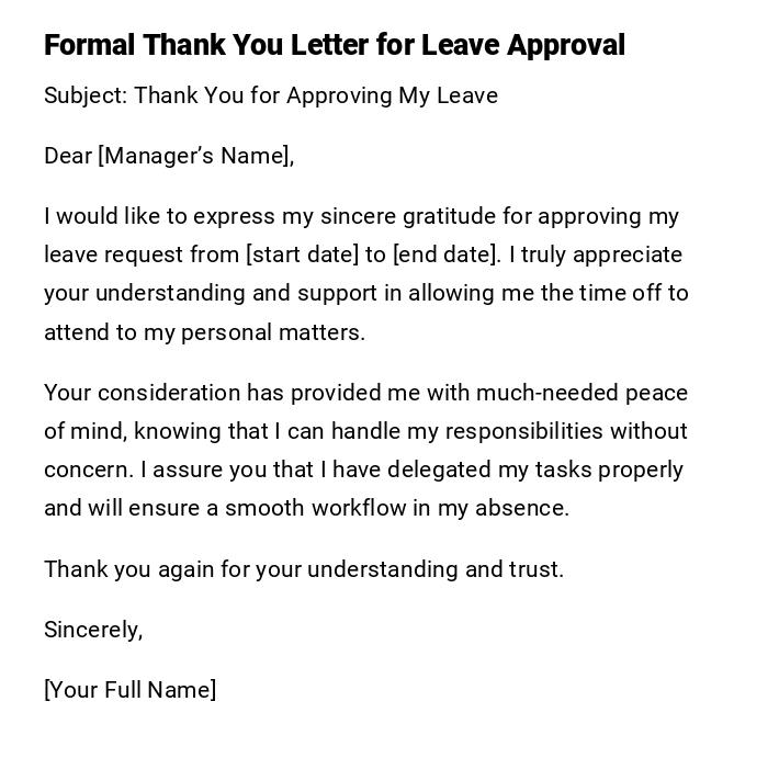 Formal Thank You Letter for Leave Approval Formal Thank You Letter for Leave Approval