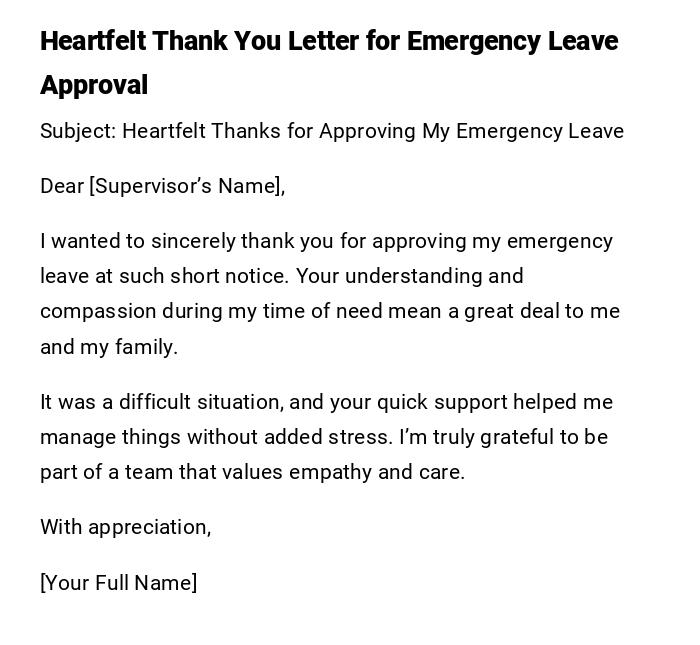 Heartfelt Thank You Letter for Emergency Leave Approval Heartfelt Thank You Letter for Emergency Leave Approval