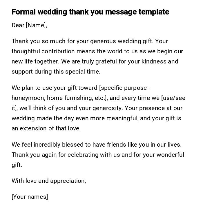 Formal wedding thank you message template