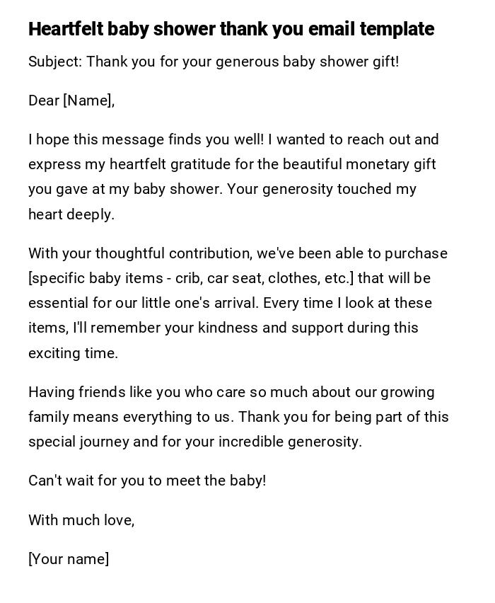 Heartfelt baby shower thank you email template