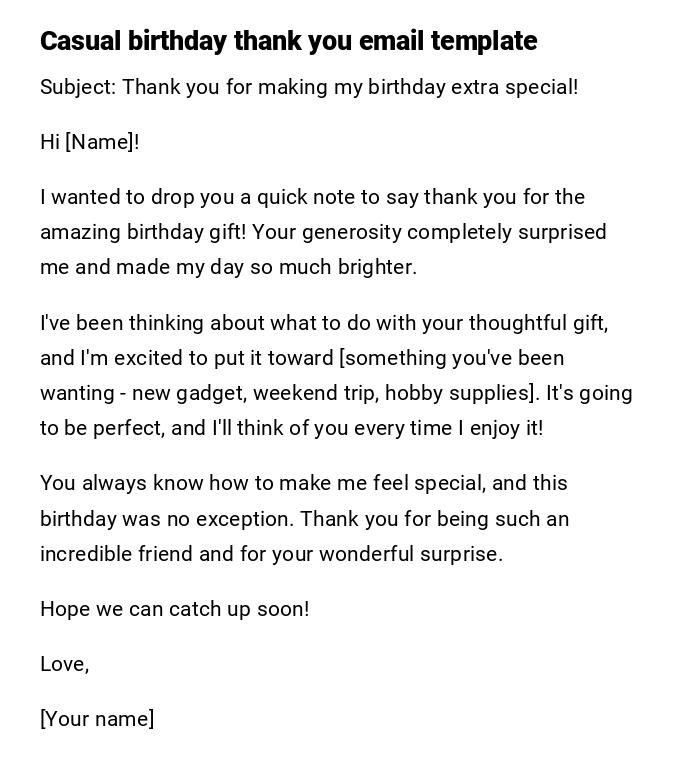 Casual birthday thank you email template