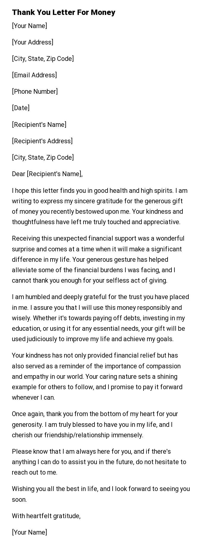 Thank You Letter For Money