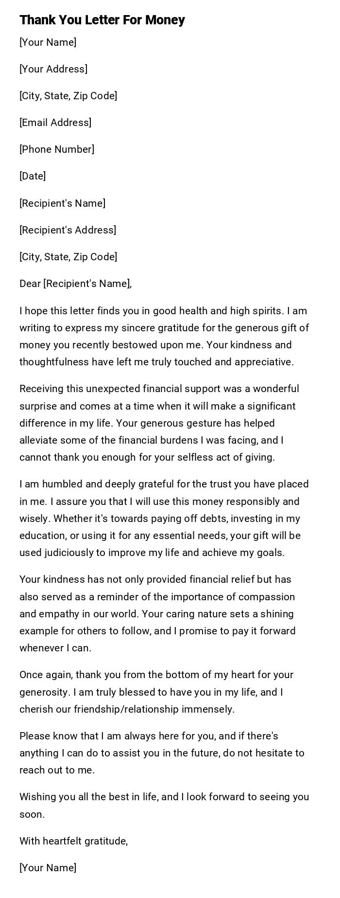 Thank You Letter For Money