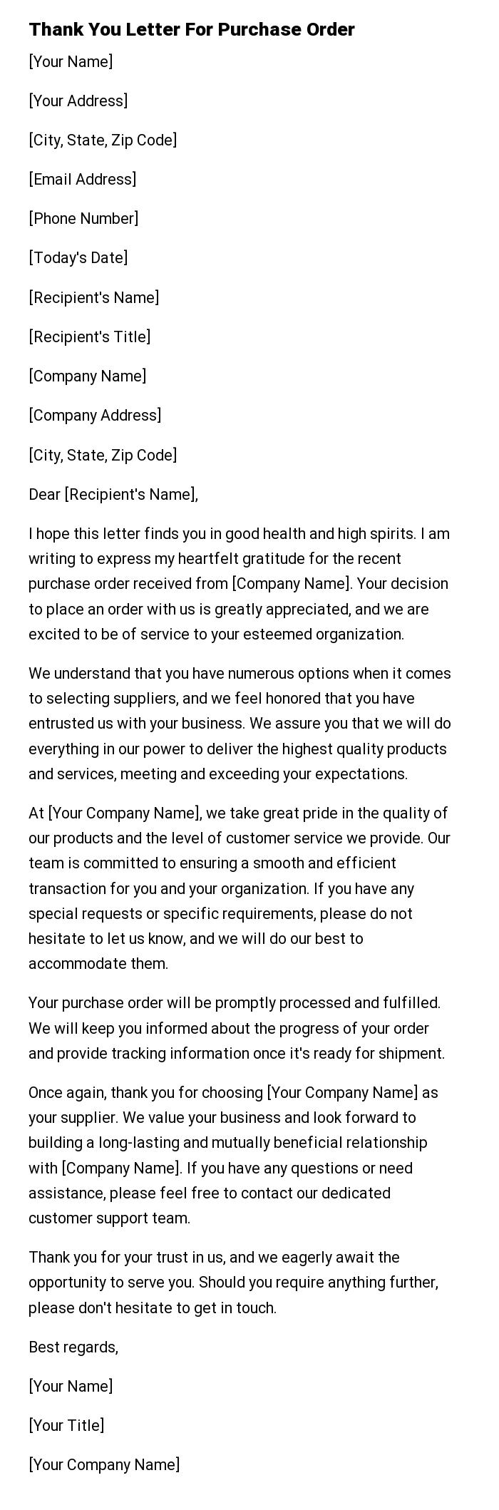 Thank You Letter For Purchase Order