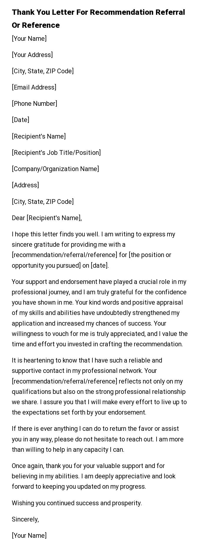 Thank You Letter For Recommendation Referral Or Reference