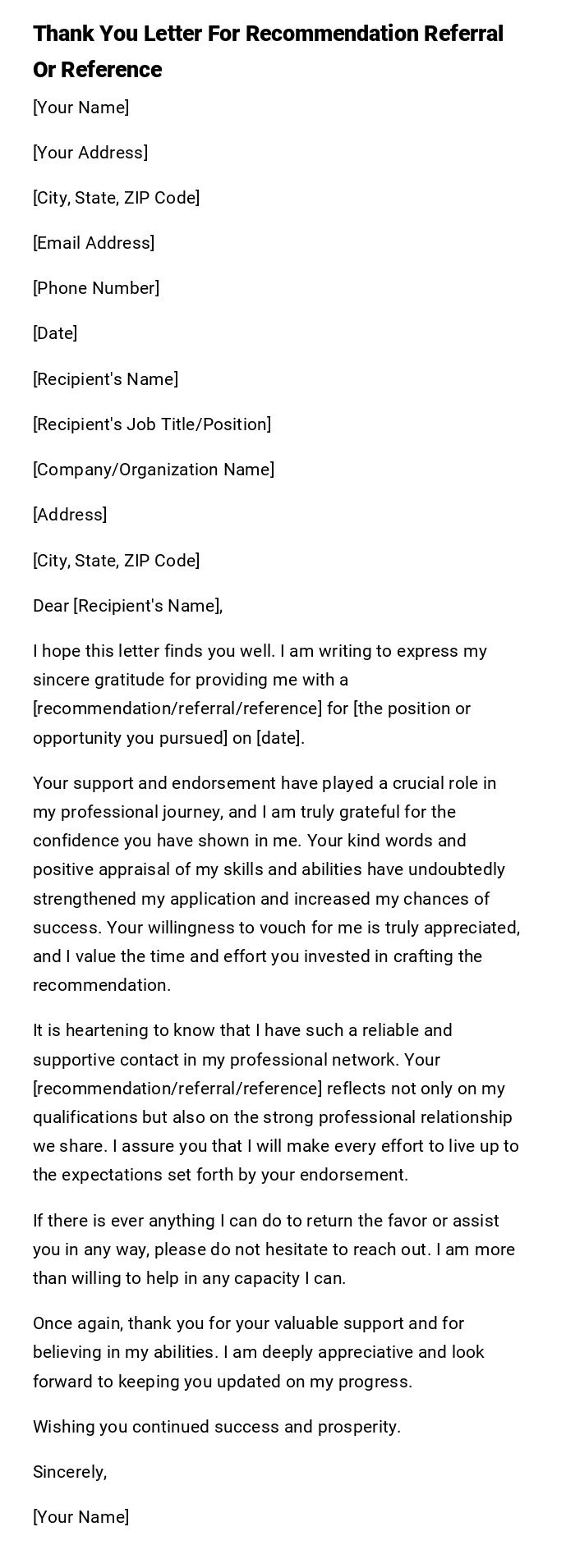 Thank You Letter For Recommendation Referral Or Reference