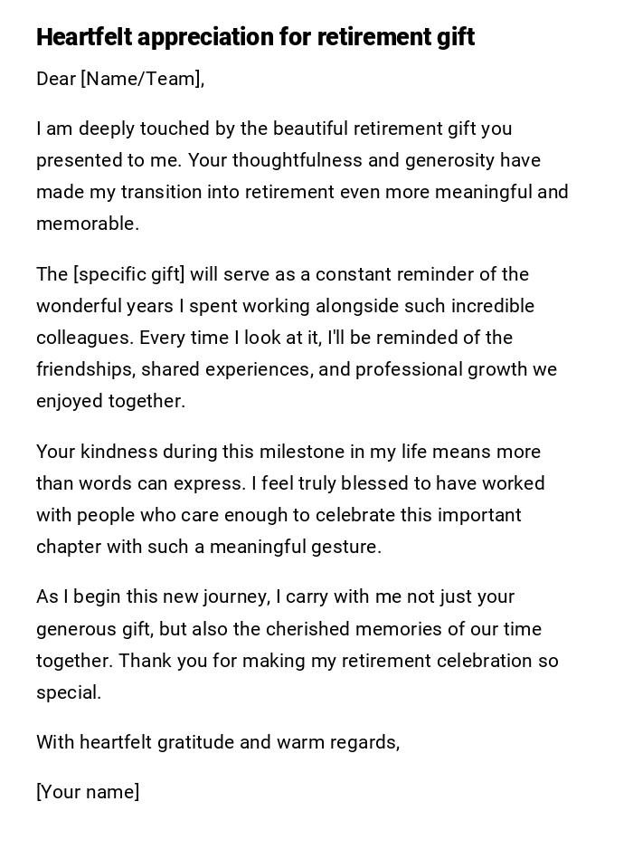Heartfelt appreciation for retirement gift
