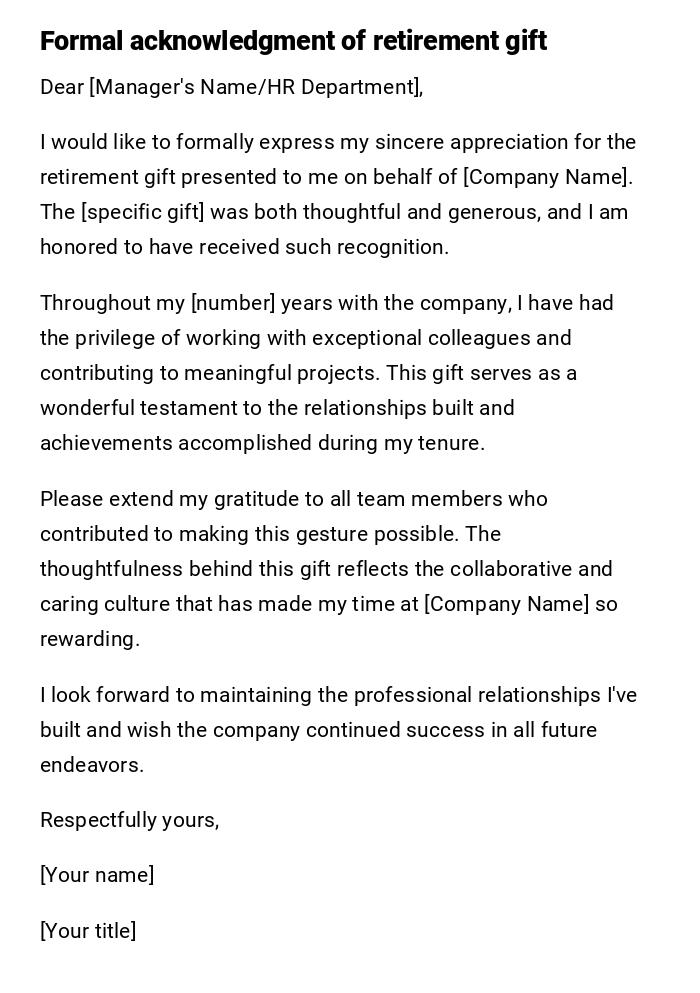 Formal acknowledgment of retirement gift