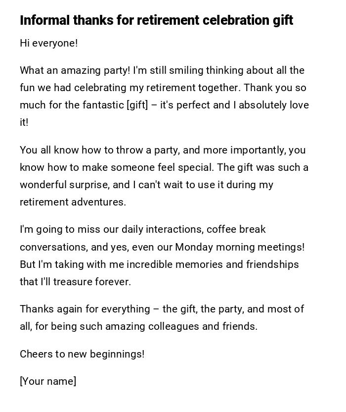 Informal thanks for retirement celebration gift
