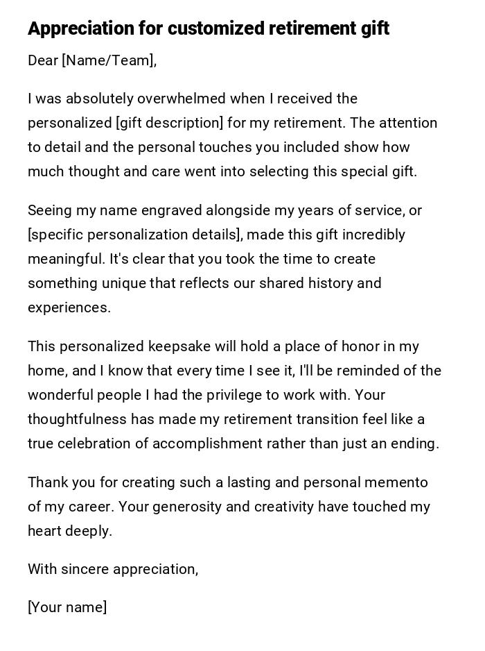 Appreciation for customized retirement gift