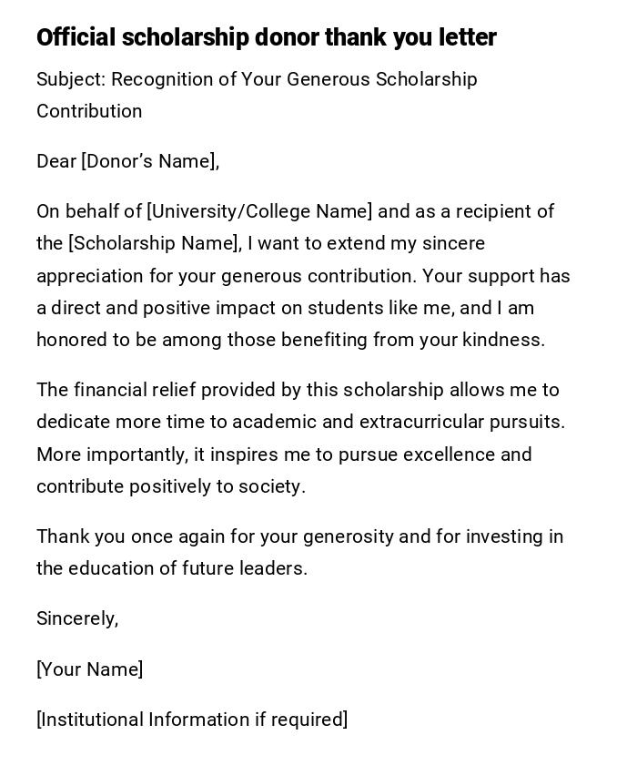 Official scholarship donor thank you letter Official scholarship donor thank you letter
