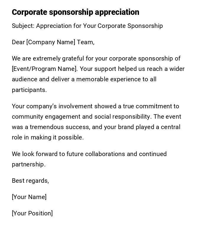 Corporate sponsorship appreciation Corporate sponsorship appreciation