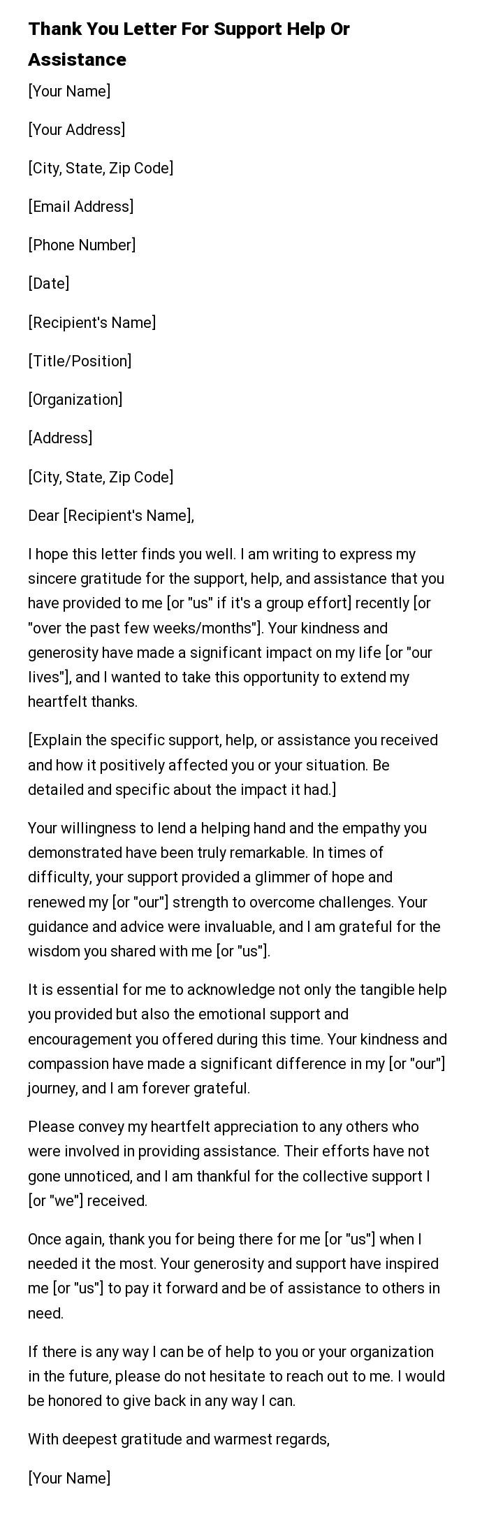 Thank You Letter For Support Help Or Assistance