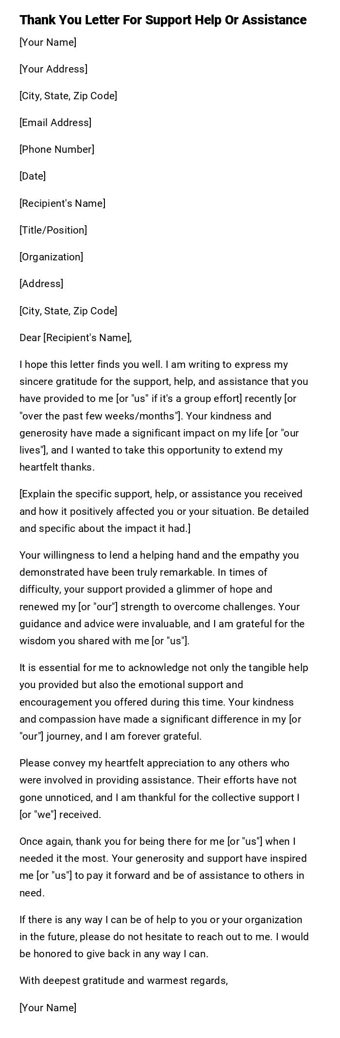 Thank You Letter For Support Help Or Assistance