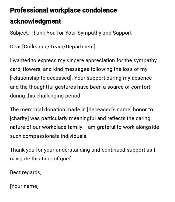 Professional workplace condolence acknowledgment