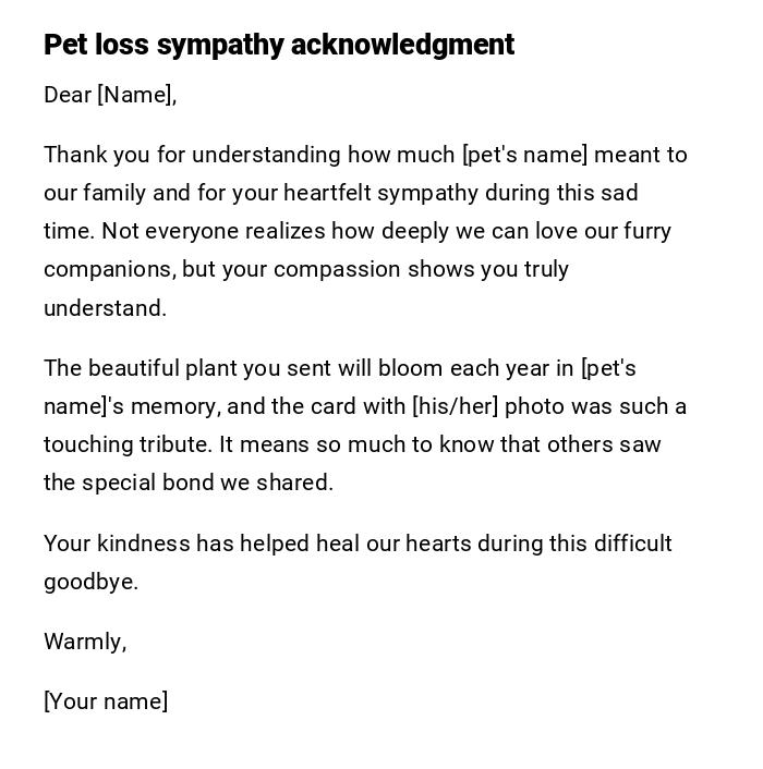 Pet loss sympathy acknowledgment