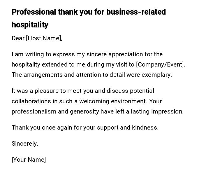 Professional thank you for business-related hospitality Professional thank you for business-related hospitality