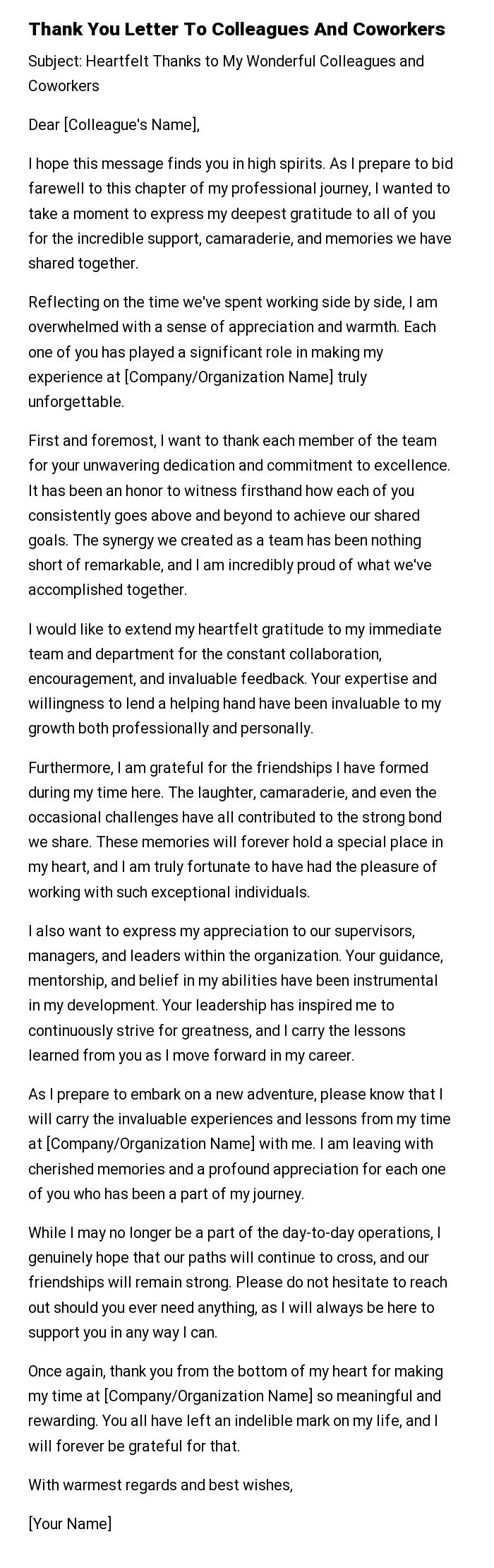 Thank You Letter To Colleagues And Coworkers