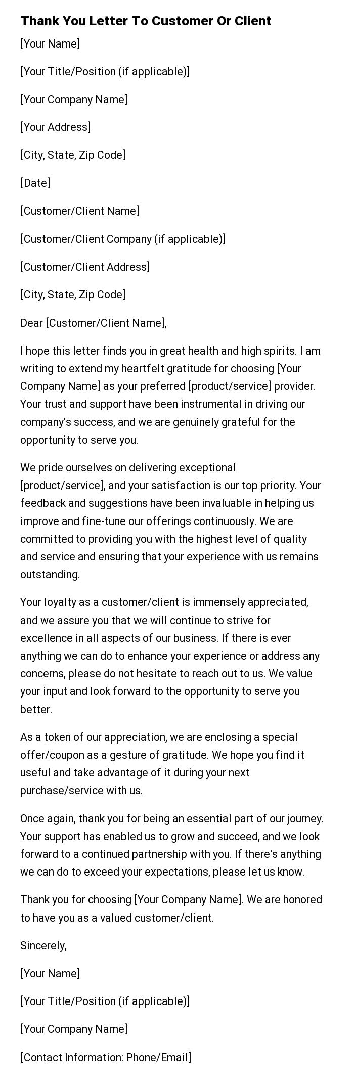 Thank You Letter To Customer Or Client
