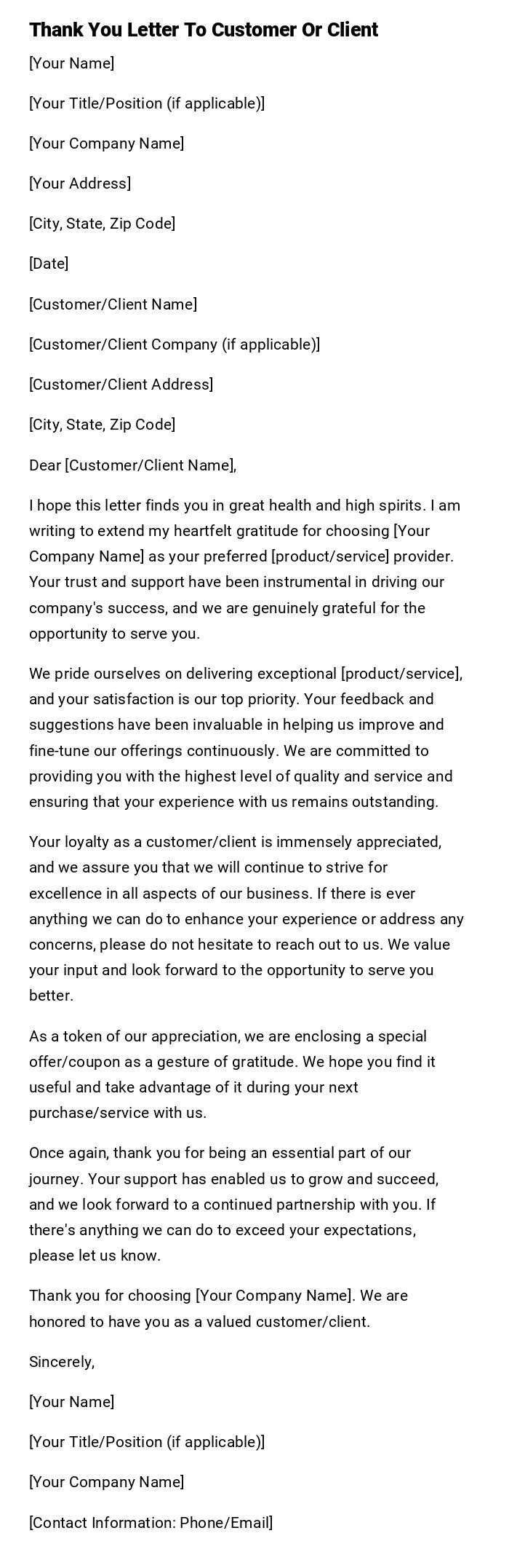 Thank You Letter To Customer Or Client