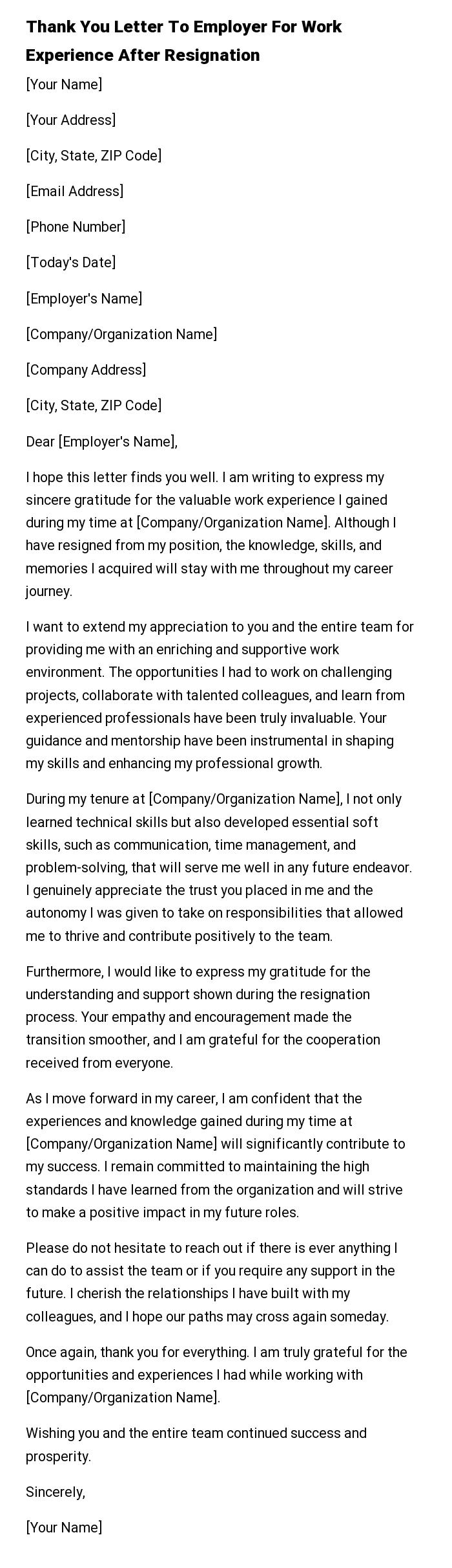 Thank You Letter To Employer For Work Experience After Resignation