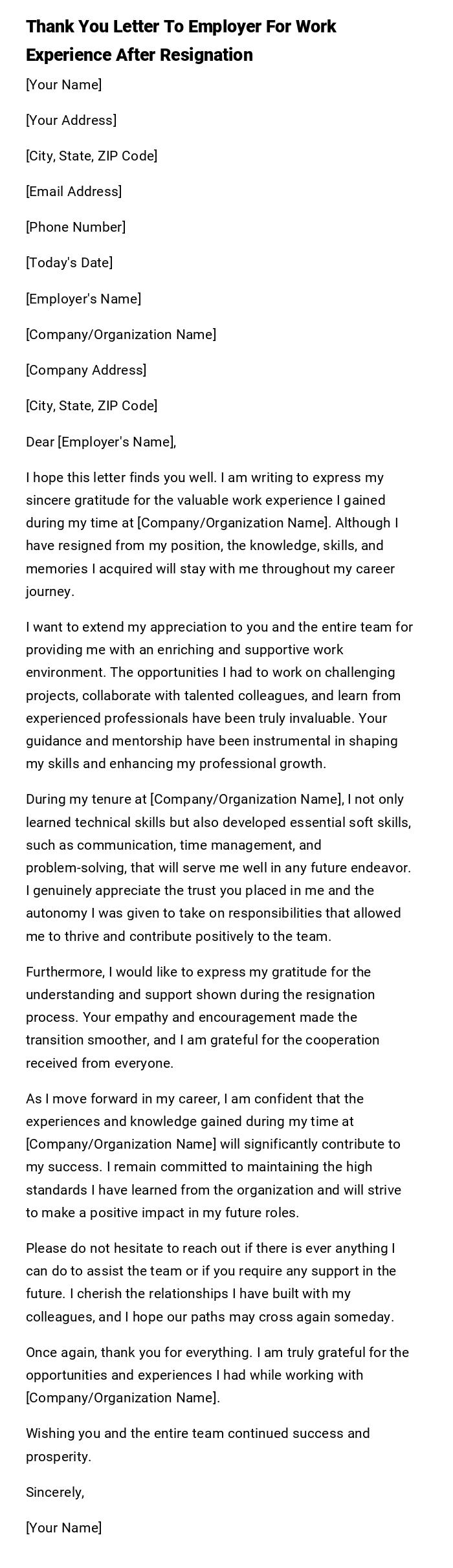 Thank You Letter To Employer For Work Experience After Resignation