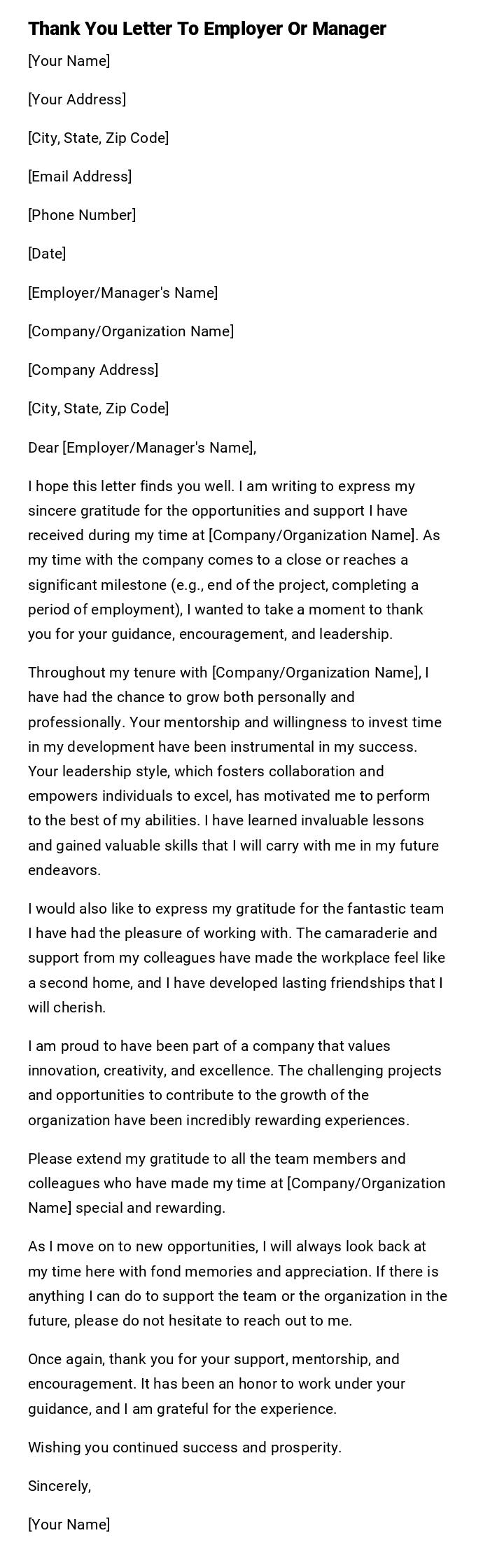 Thank You Letter To Employer Or Manager