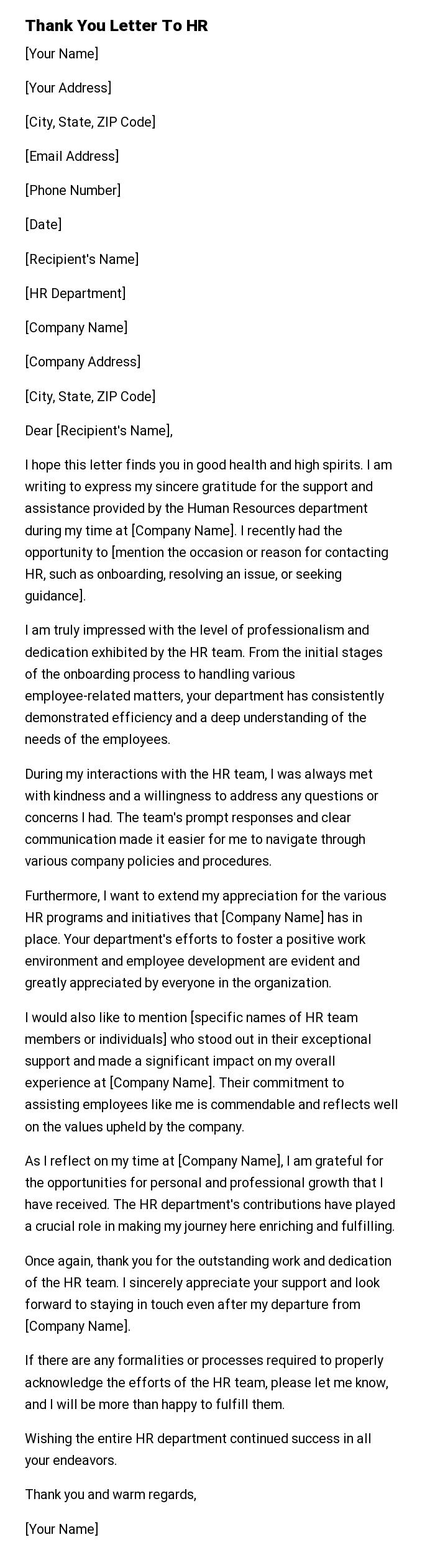 Thank You Letter To HR