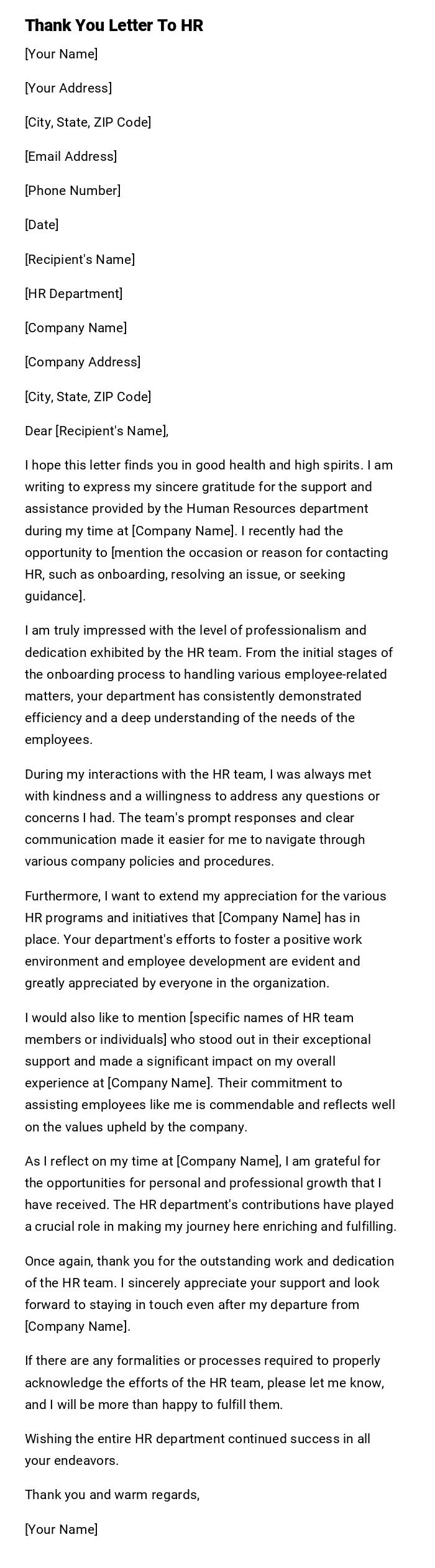 Thank You Letter To HR