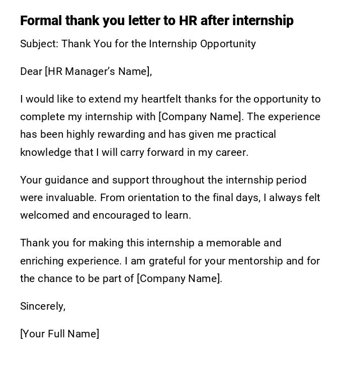 Formal thank you letter to HR after internship Formal thank you letter to HR after internship