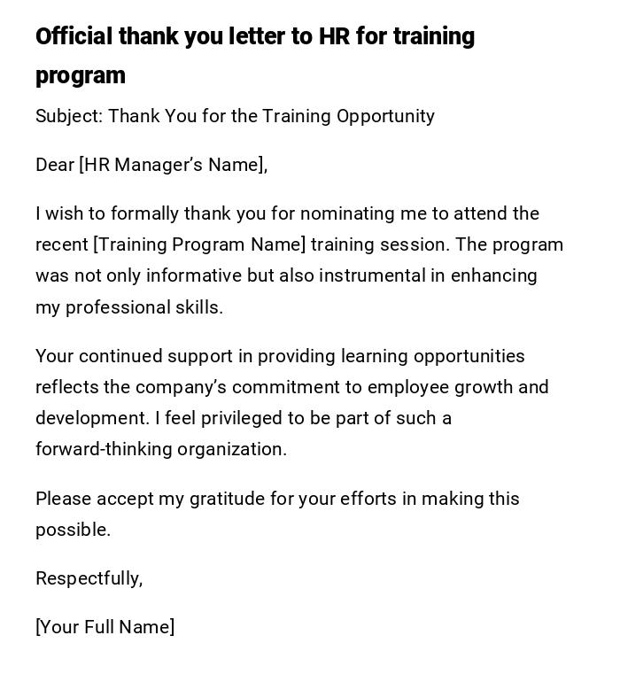 Official thank you letter to HR for training program Official thank you letter to HR for training program