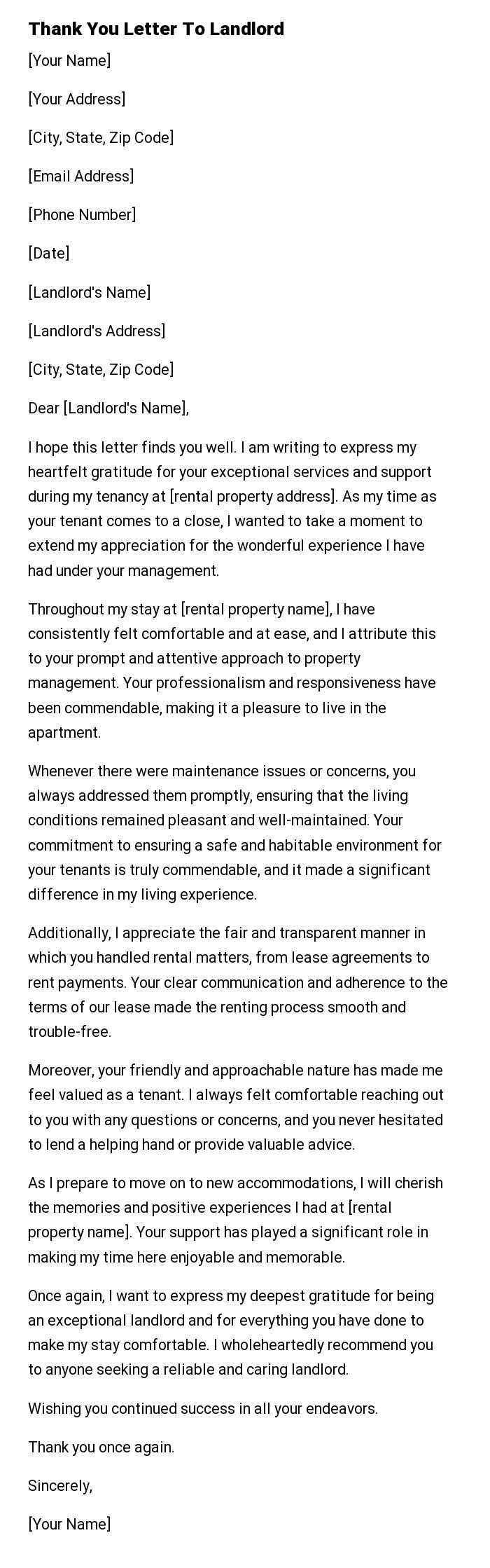 Thank You Letter To Landlord