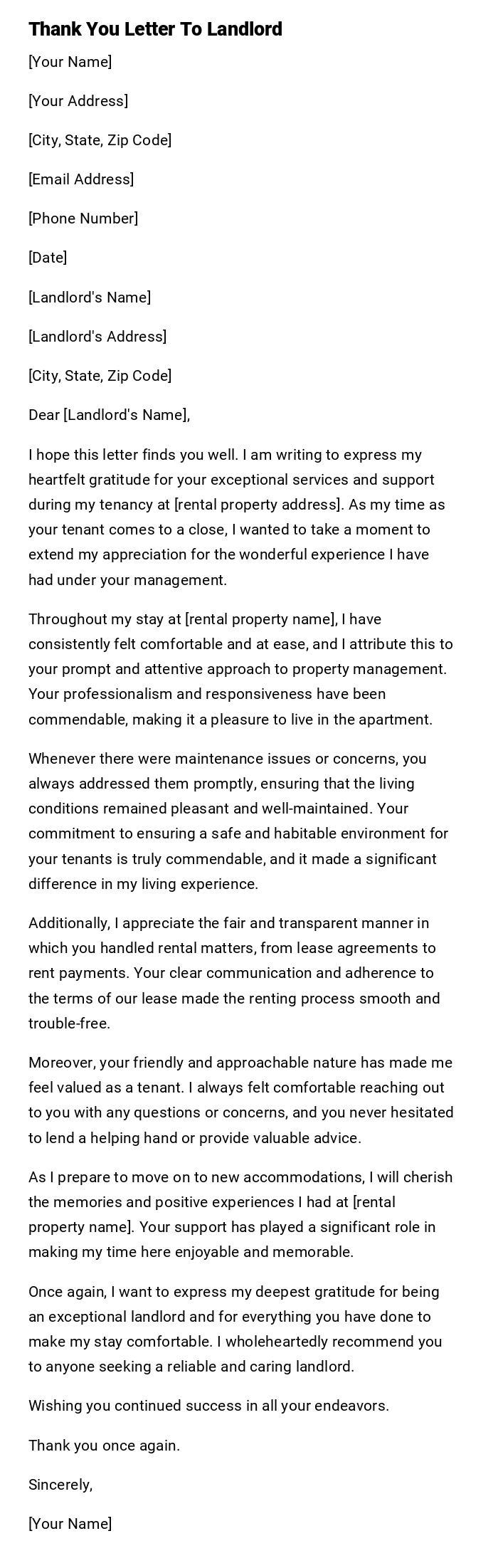 Thank You Letter To Landlord