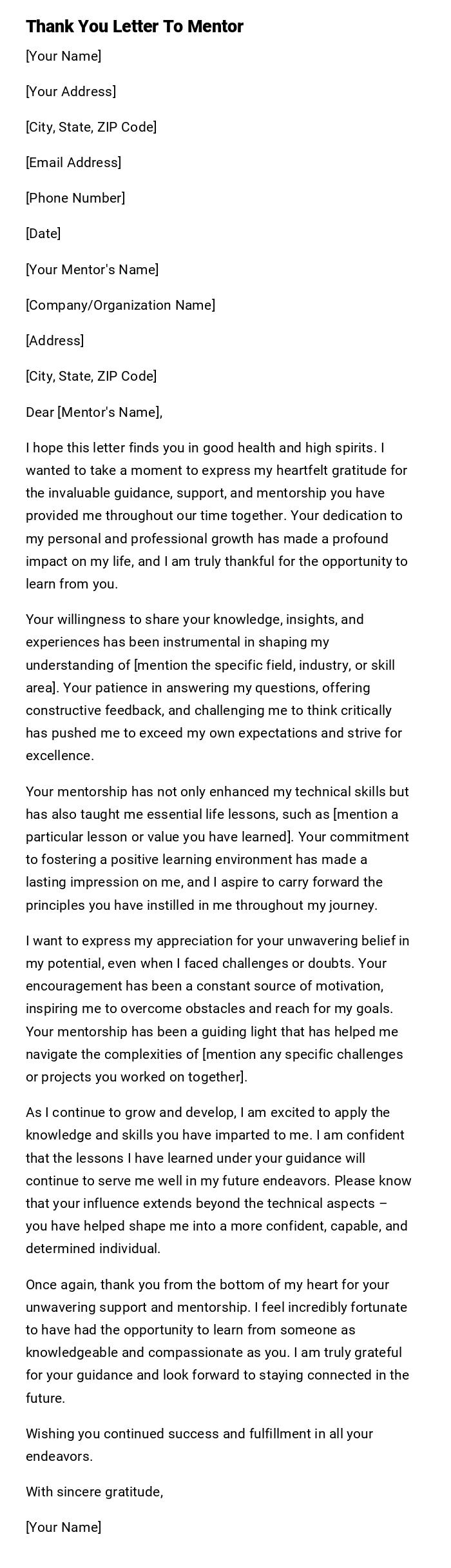 Thank You Letter To Mentor