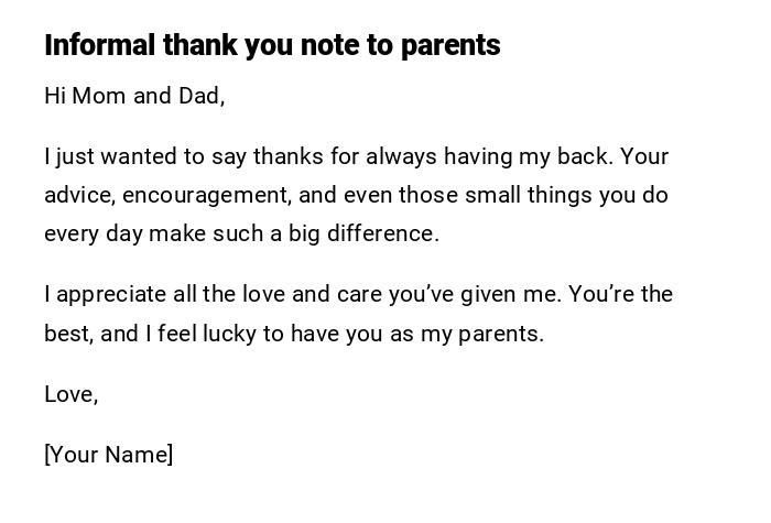 Informal thank you note to parents Informal thank you note to parents