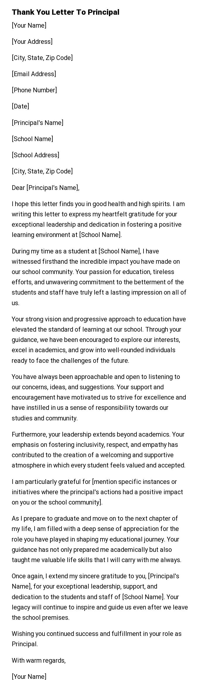 Thank You Letter To Principal