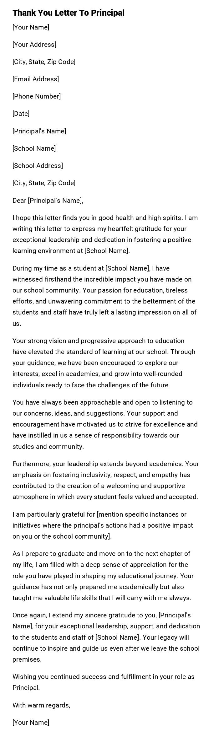 Thank You Letter To Principal