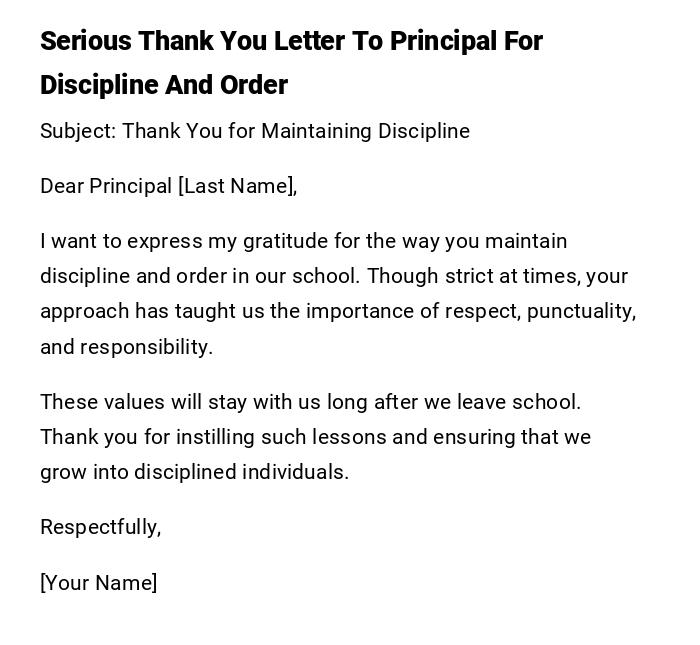 Serious Thank You Letter To Principal For Discipline And Order