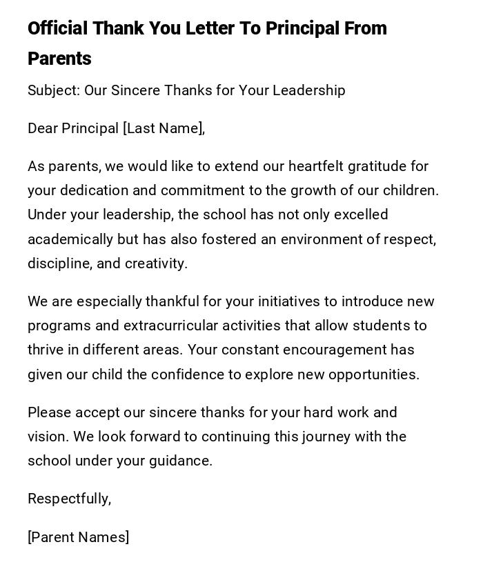Official Thank You Letter To Principal From Parents
