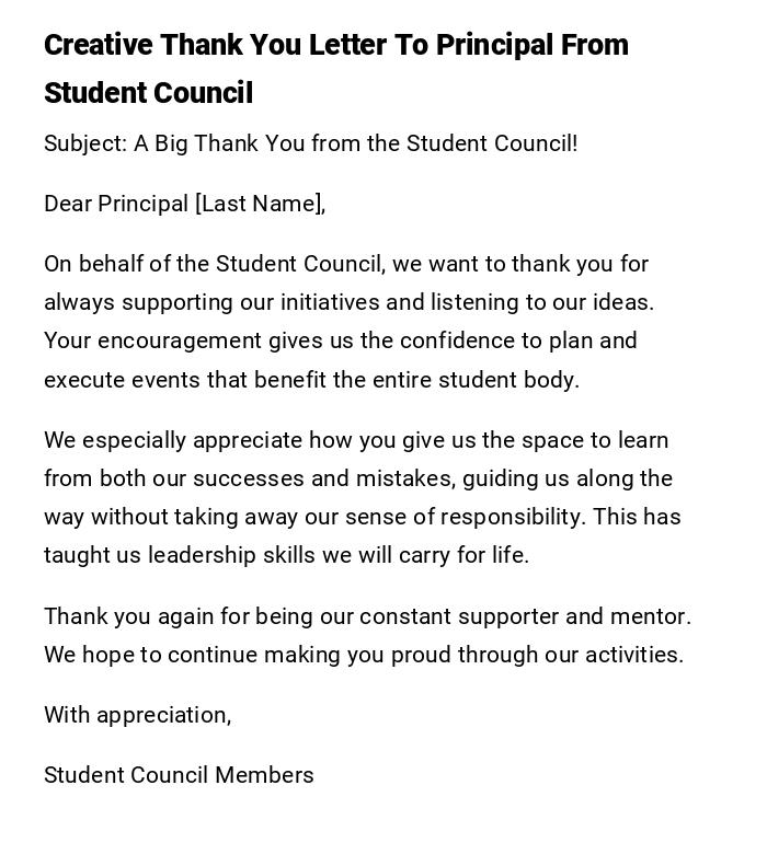 Creative Thank You Letter To Principal From Student Council