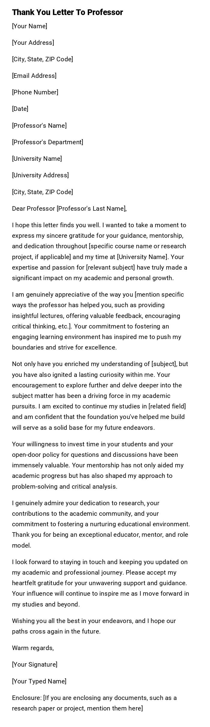 Thank You Letter To Professor