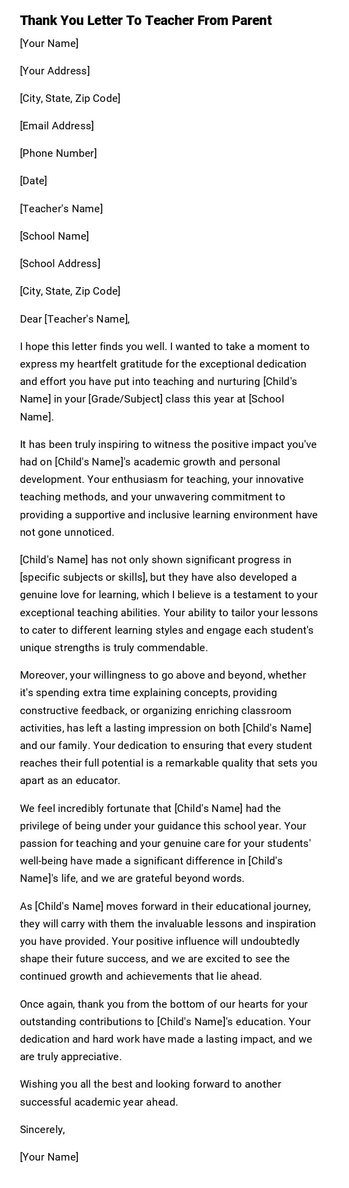 Thank You Letter To Teacher From Parent Thank You Letter To Teacher From Parent