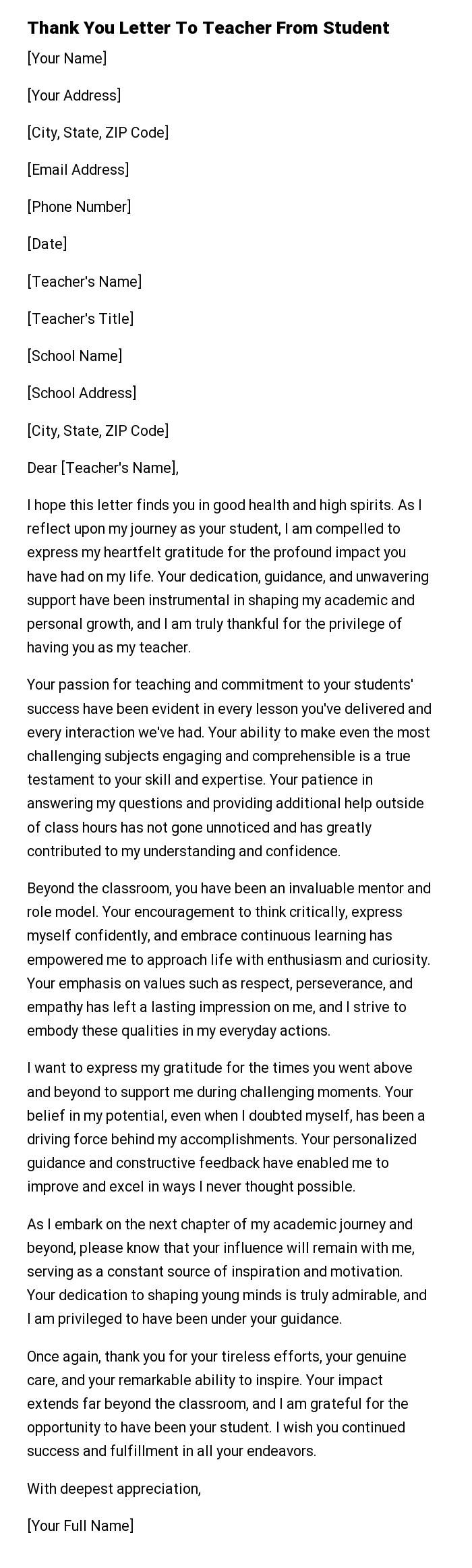 Thank You Letter To Teacher From Student
