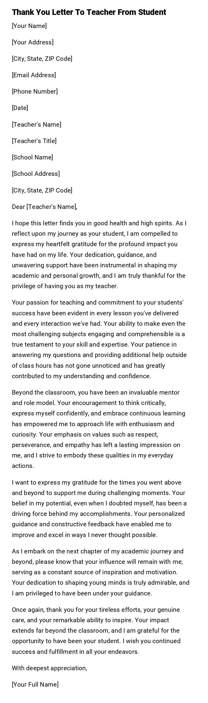 Thank You Letter To Teacher From Student