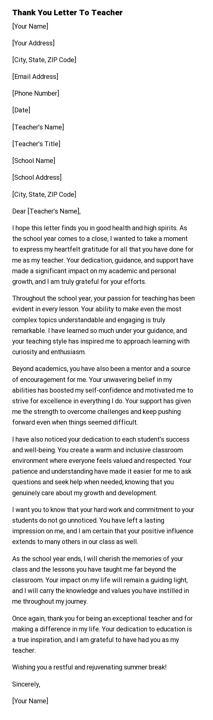 Thank You Letter To Teacher