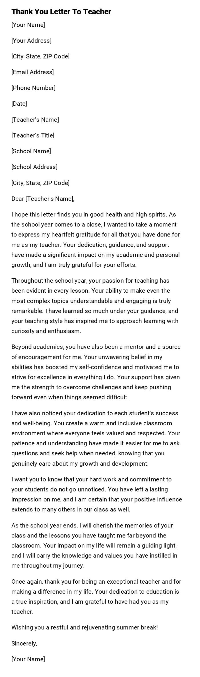 Thank You Letter To Teacher