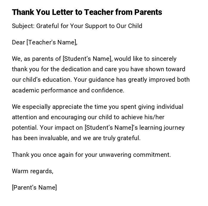 Thank You Letter to Teacher from Parents Thank You Letter to Teacher from Parents