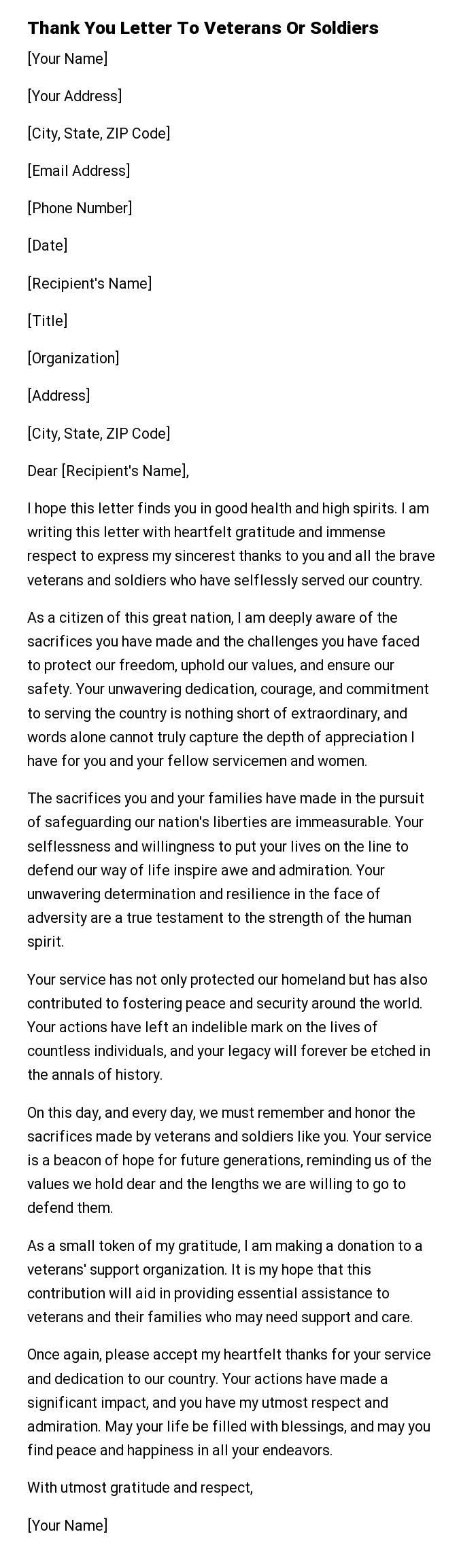 Thank You Letter To Veterans Or Soldiers