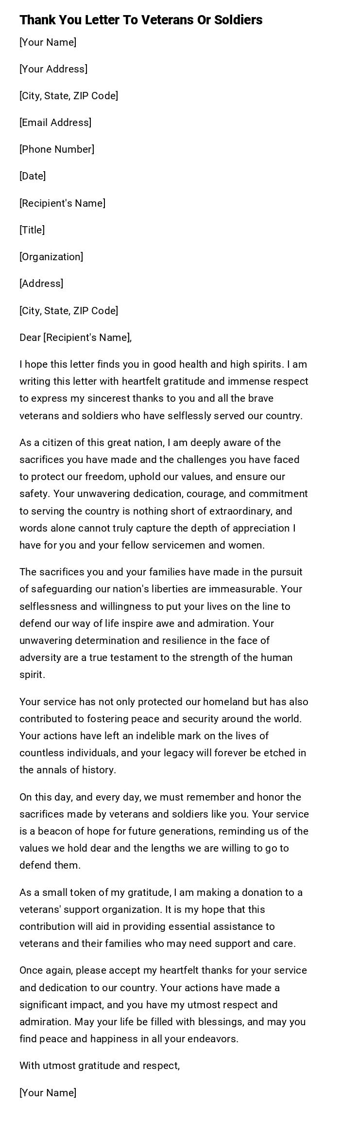 Thank You Letter To Veterans Or Soldiers