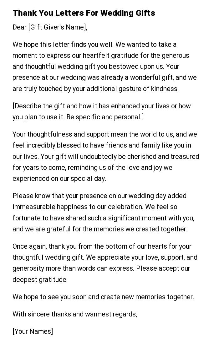 Thank You Letters For Wedding Gifts
